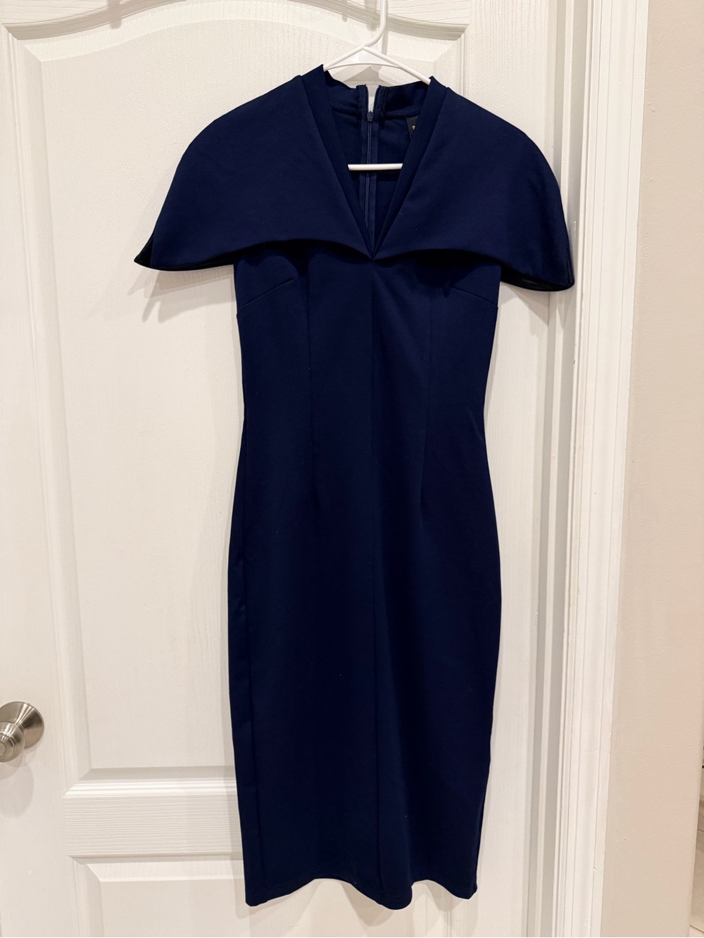 Elegant Navy Sheath Dress with Cape Collar